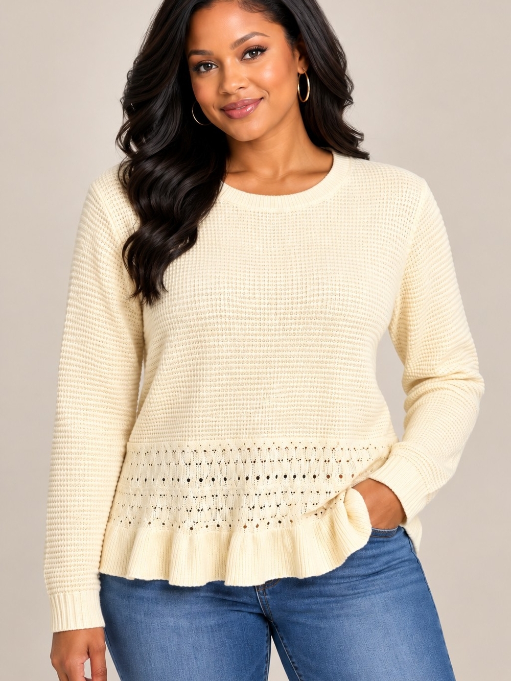 Gleeneat Cream Waffle-Knit Ruffle-Hem Crewneck Sweater - NWT